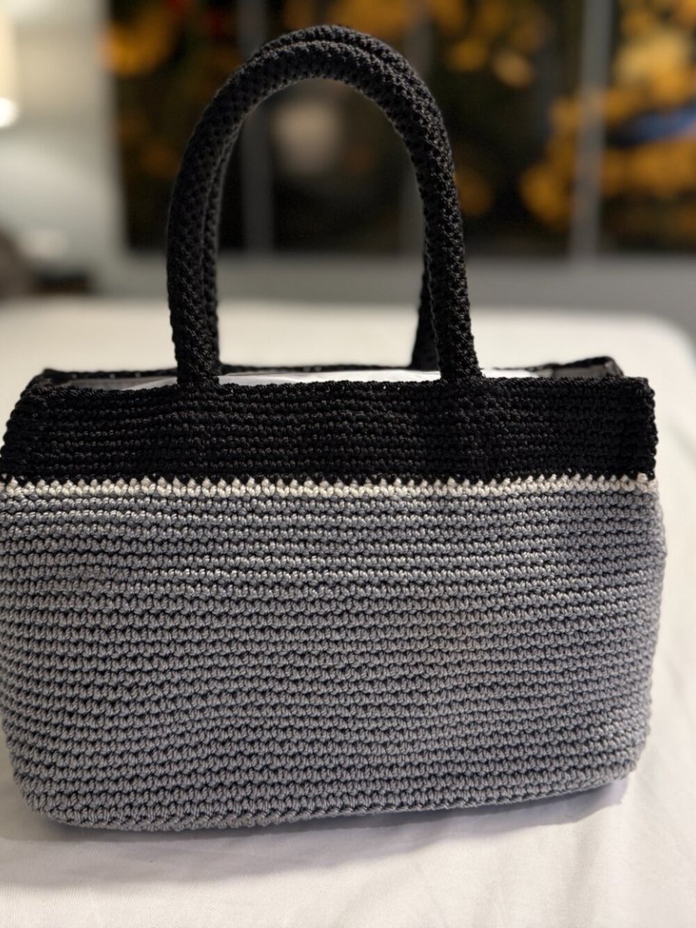 Vintage The Sak Mini Tote Handbag Grey Black Crochet Knit Top Handle Boho Bag - Picture 2 of 4